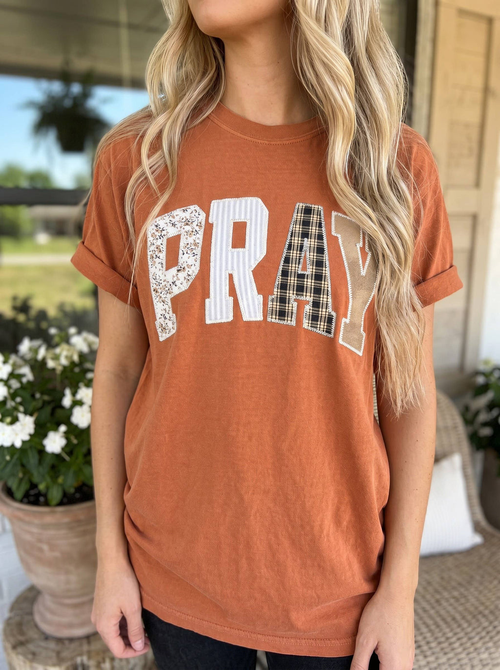 Pray Faux Embroidered Christian Comfort Colors Tee