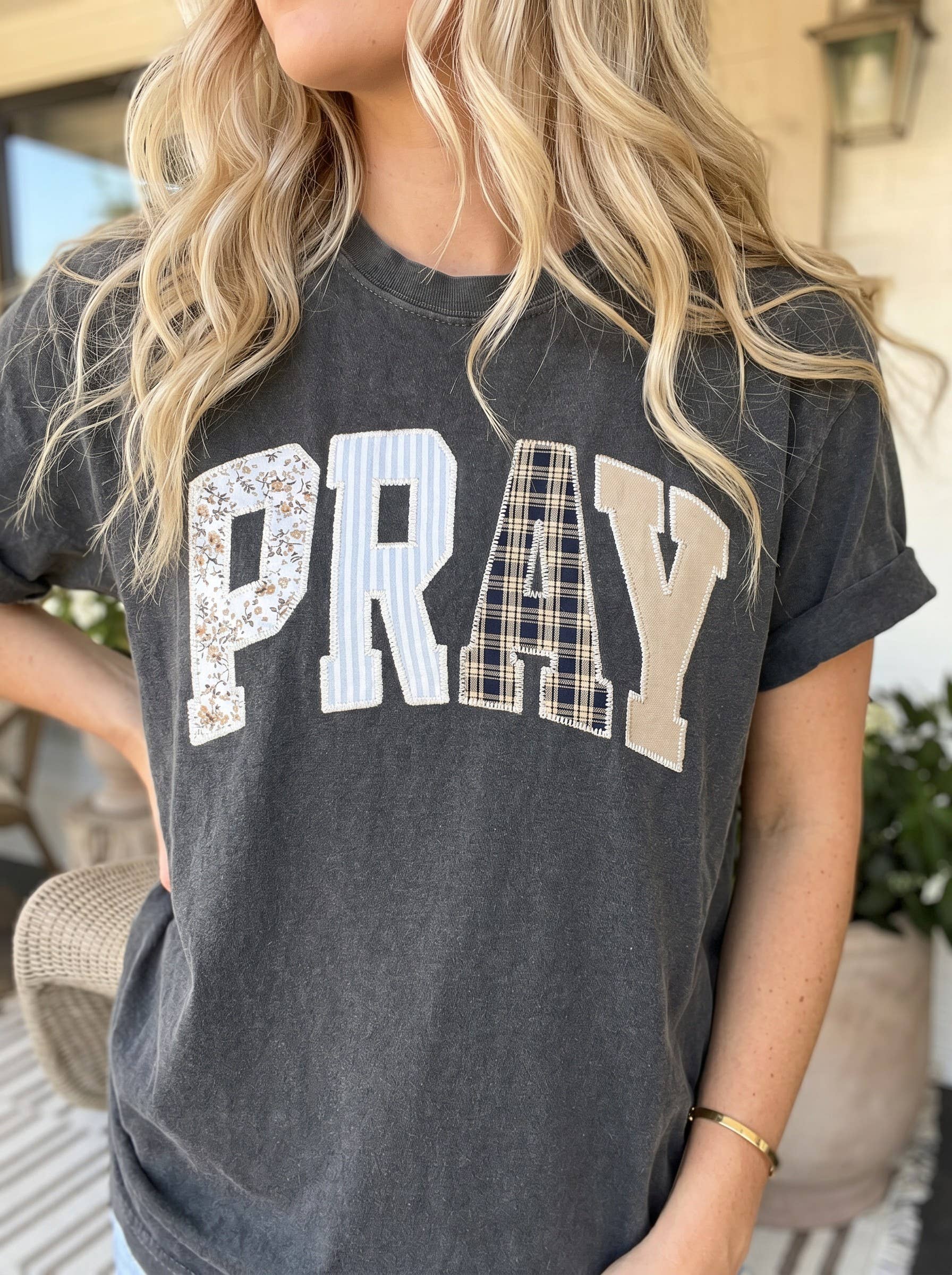 Pray Faux Embroidered Christian Comfort Colors Tee